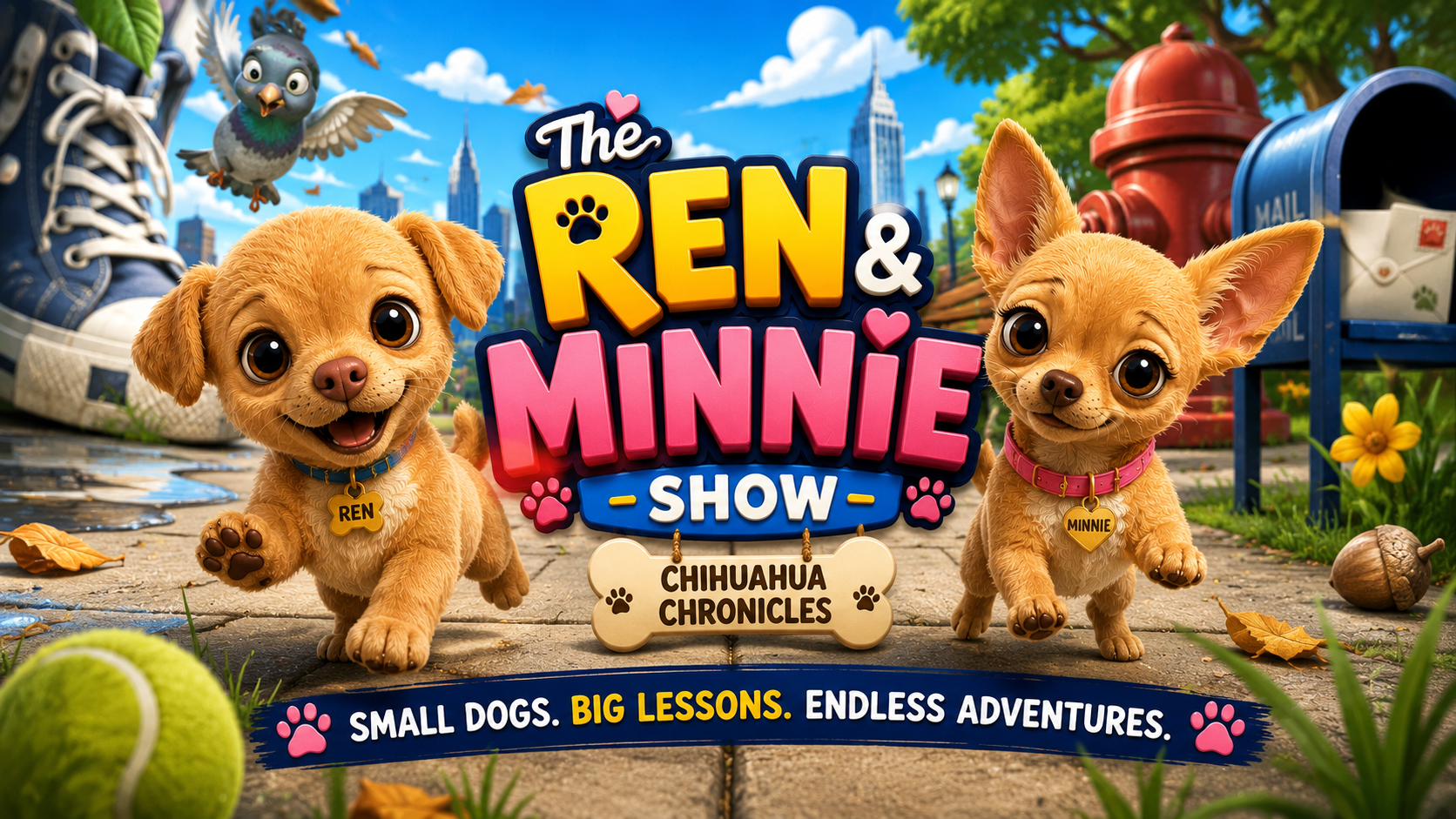 Ren and Minnie running toward you on a giant sidewalk